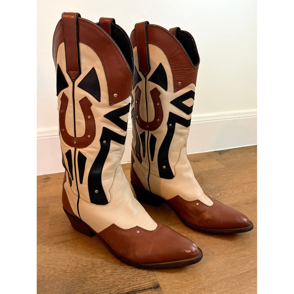 Vintage ACME Women's 9.5 Brown Cream Leather Horseshoe Cowboy Boots 80s 90s